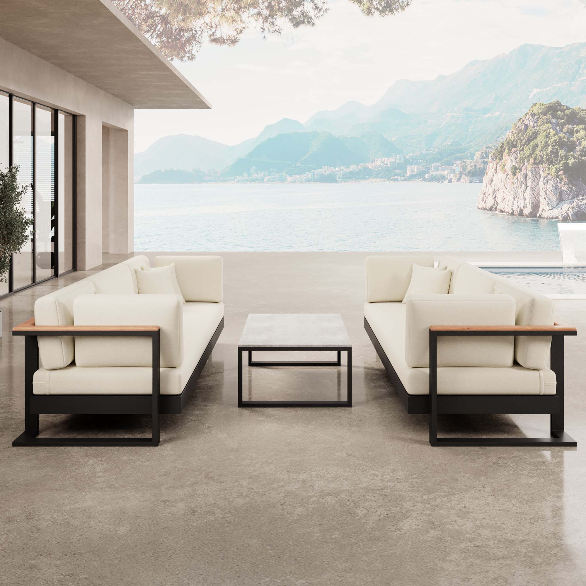 Vayla – 2 three-seater sofas & table in black aluminum | Aevora™ Collection