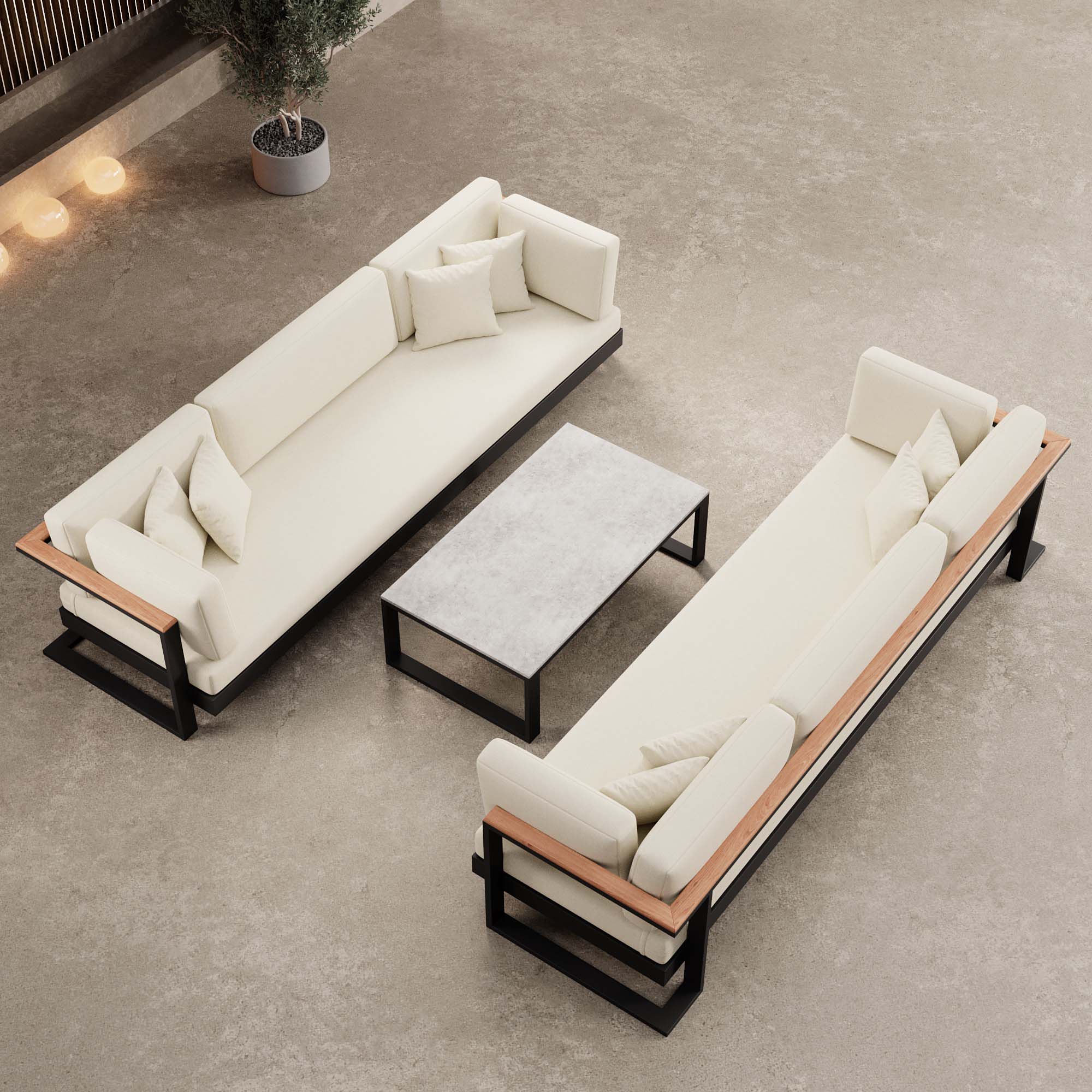 Vayla – 2 three-seater sofas & table in black aluminum | Aevora™ Collection
