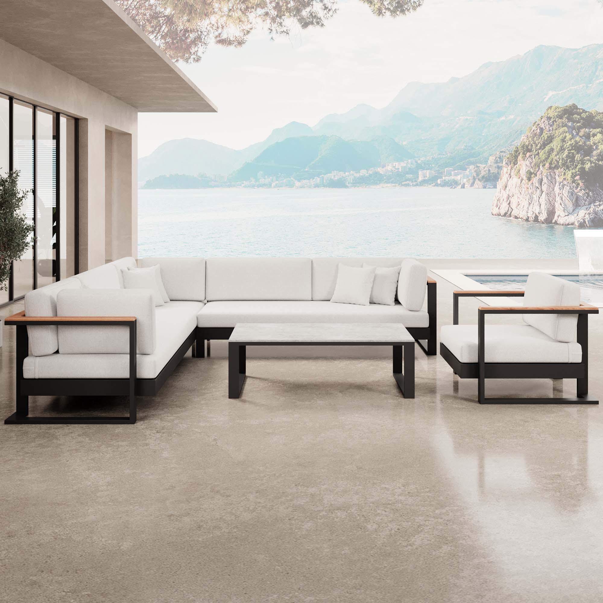 Vayla – Lounge set with corner sofa, lounge chair & table in black aluminum | Aevora™ Collection