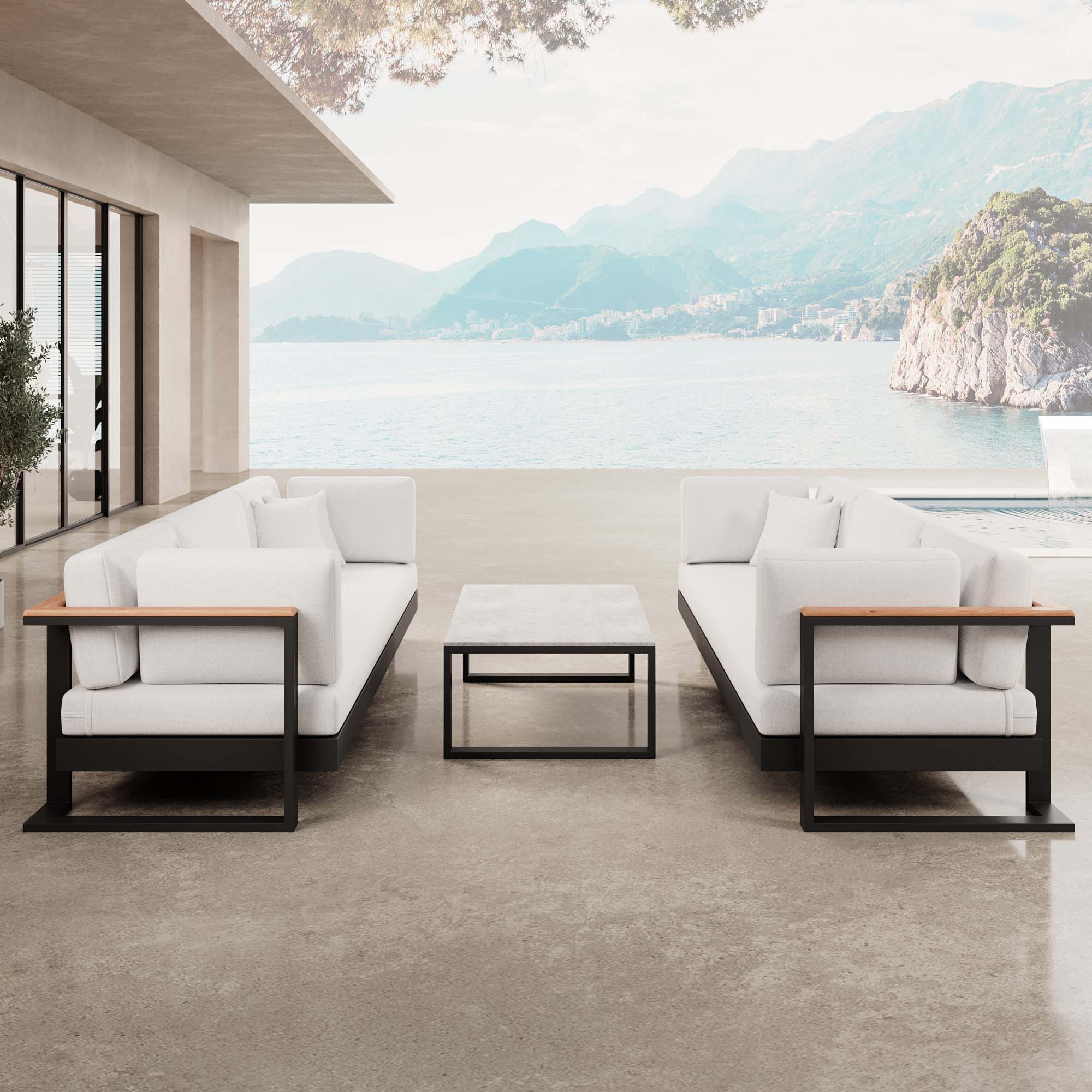 Vayla – 2 three-seater sofas & table in black aluminum | Aevora™ Collection
