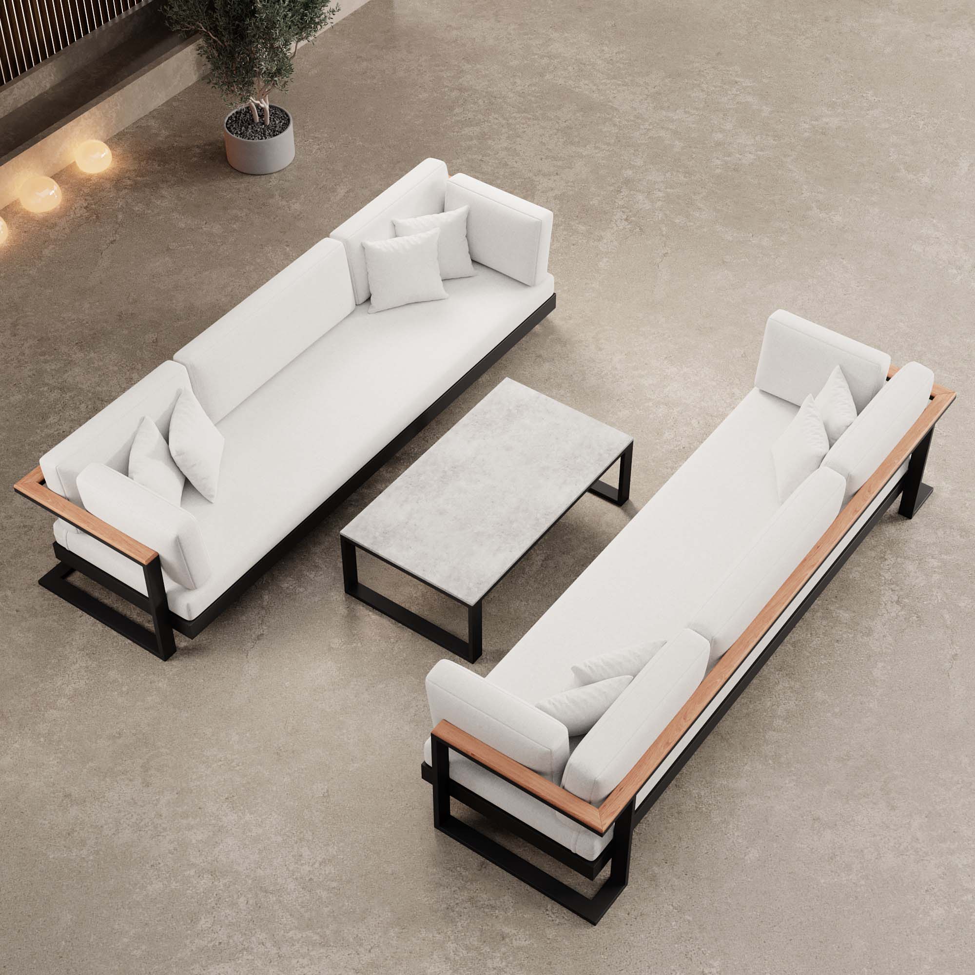 Vayla – 2 three-seater sofas & table in black aluminum | Aevora™ Collection