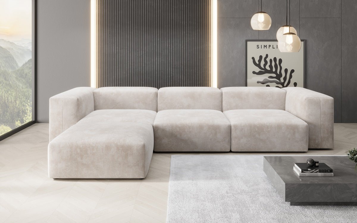 Designer L-shaped Sofa Snug in Cord
