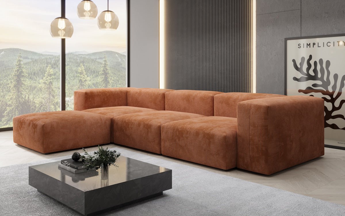 Designer L-shaped Sofa Snug in Cord