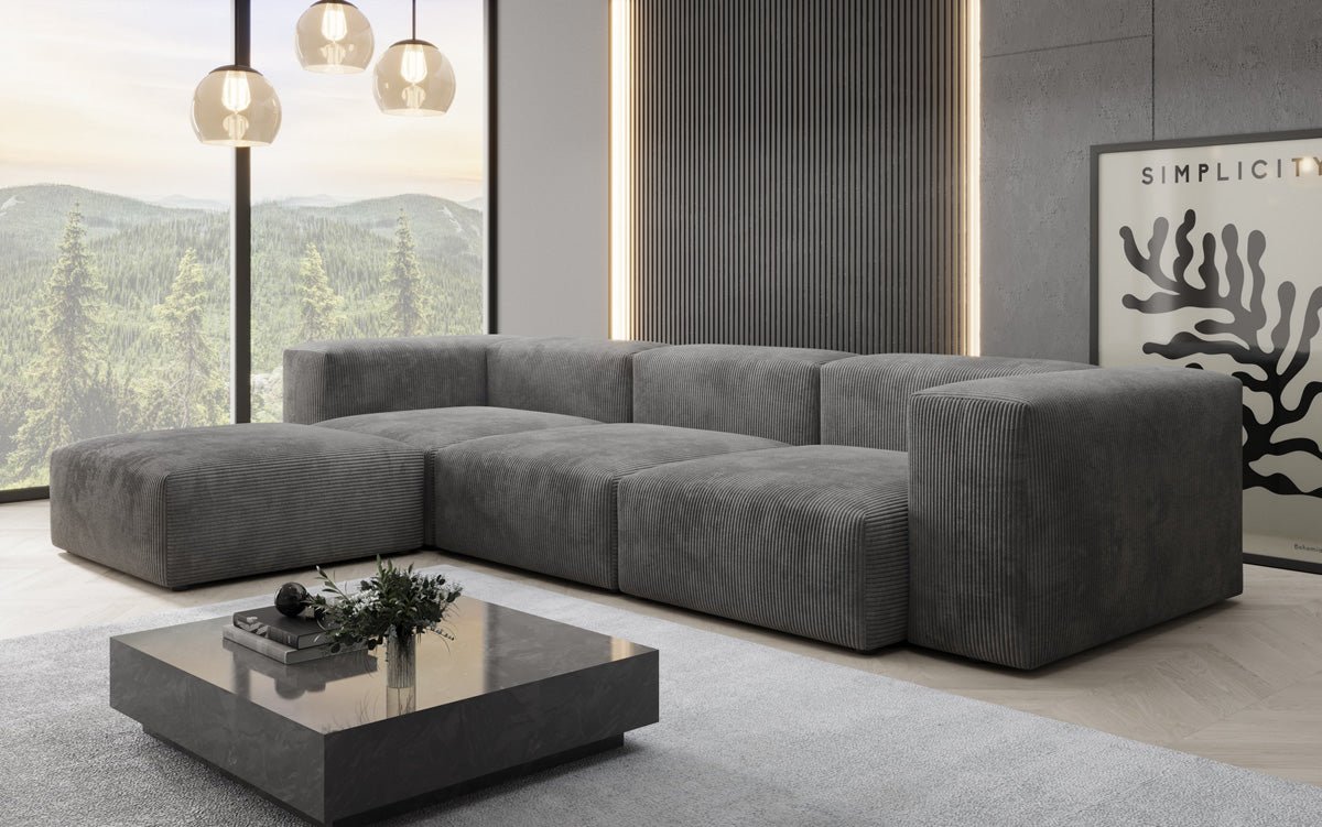 Designer L-shaped Sofa Snug in Cord