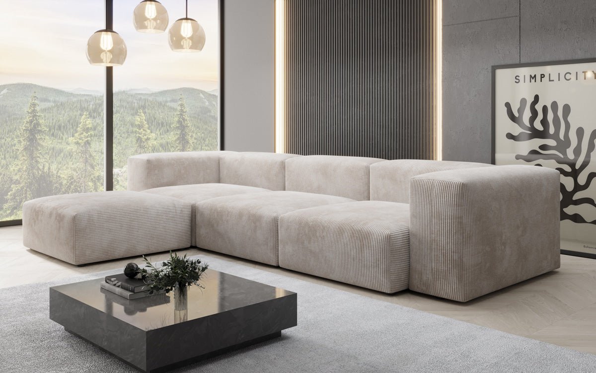 Designer L-shaped Sofa Snug in Cord