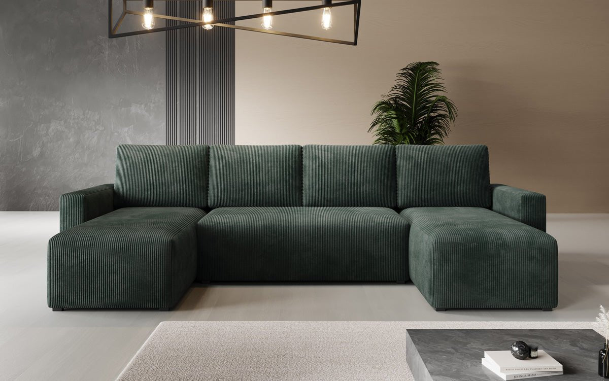 Designer Sofa Melva U with sleeping and folding function in corduroy