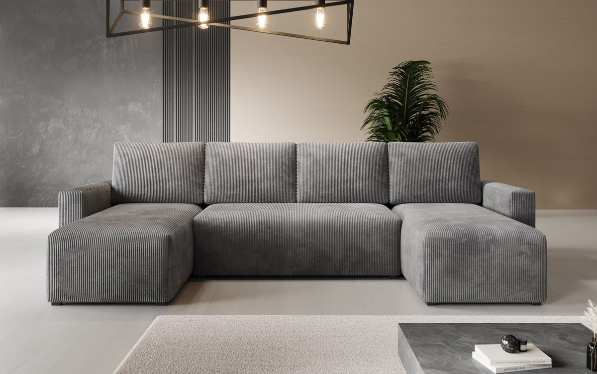 Designer Sofa Melva U with sleeping and folding function in corduroy