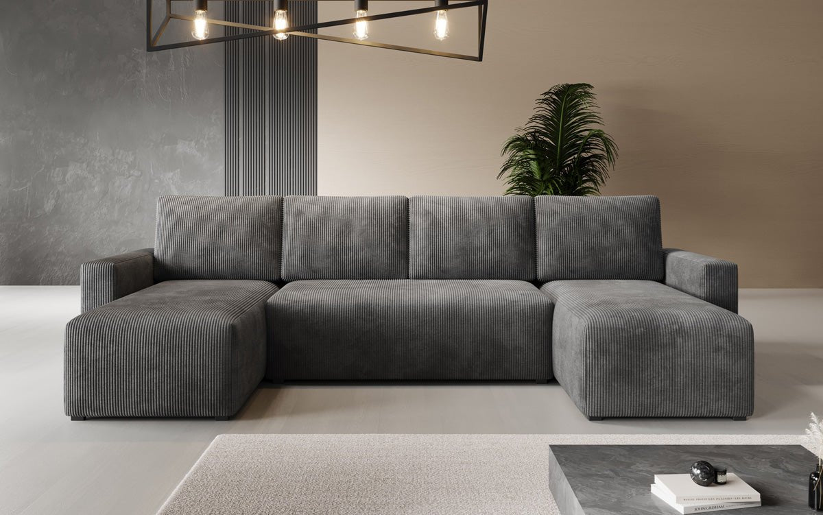 Designer Sofa Melva U with sleeping and folding function in corduroy