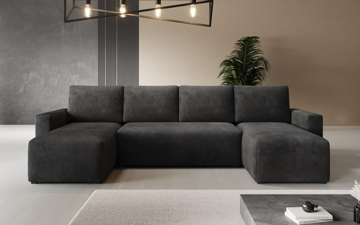 Designer Sofa Melva U with sleeping and folding function in corduroy
