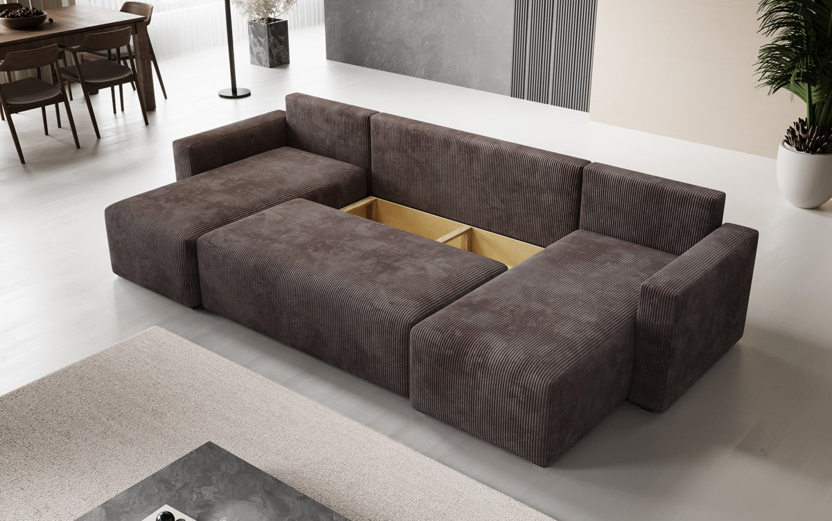 Designer Sofa Melva U with sleeping and folding function in corduroy