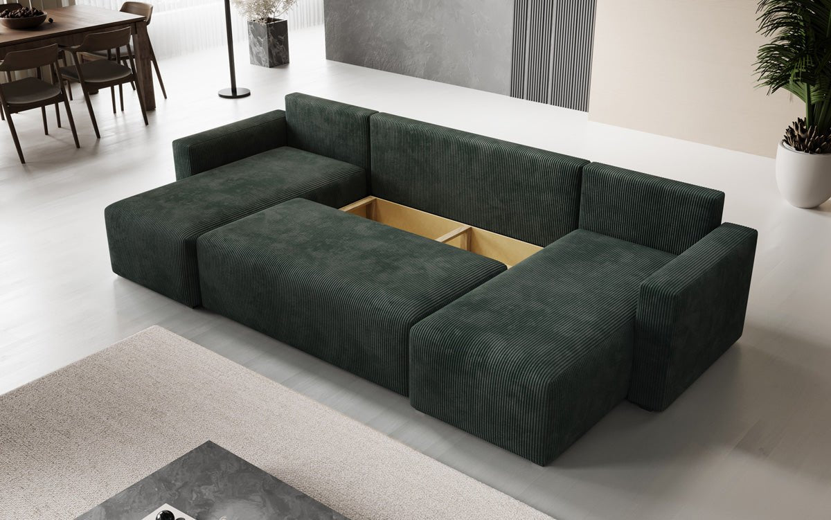 Designer Sofa Melva U with sleeping and folding function in corduroy