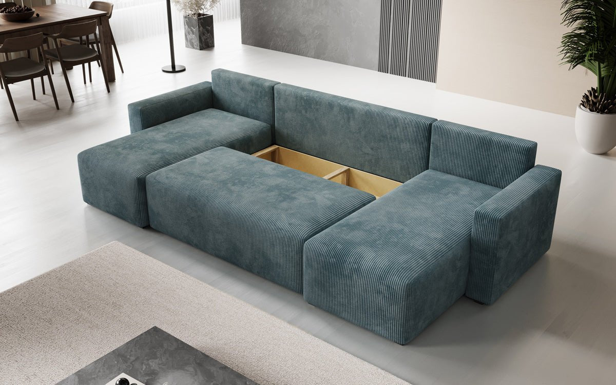 Designer Sofa Melva U with sleeping and folding function in corduroy