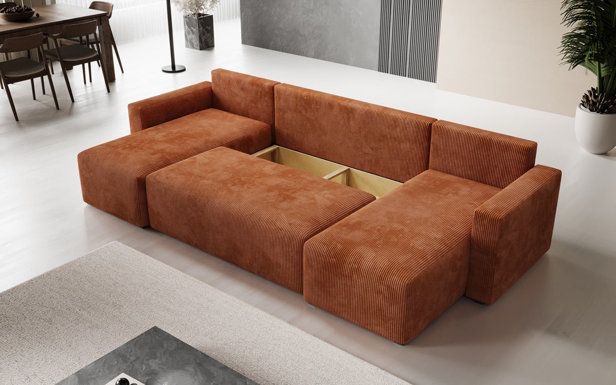 Designer Sofa Melva U with sleeping and folding function in corduroy