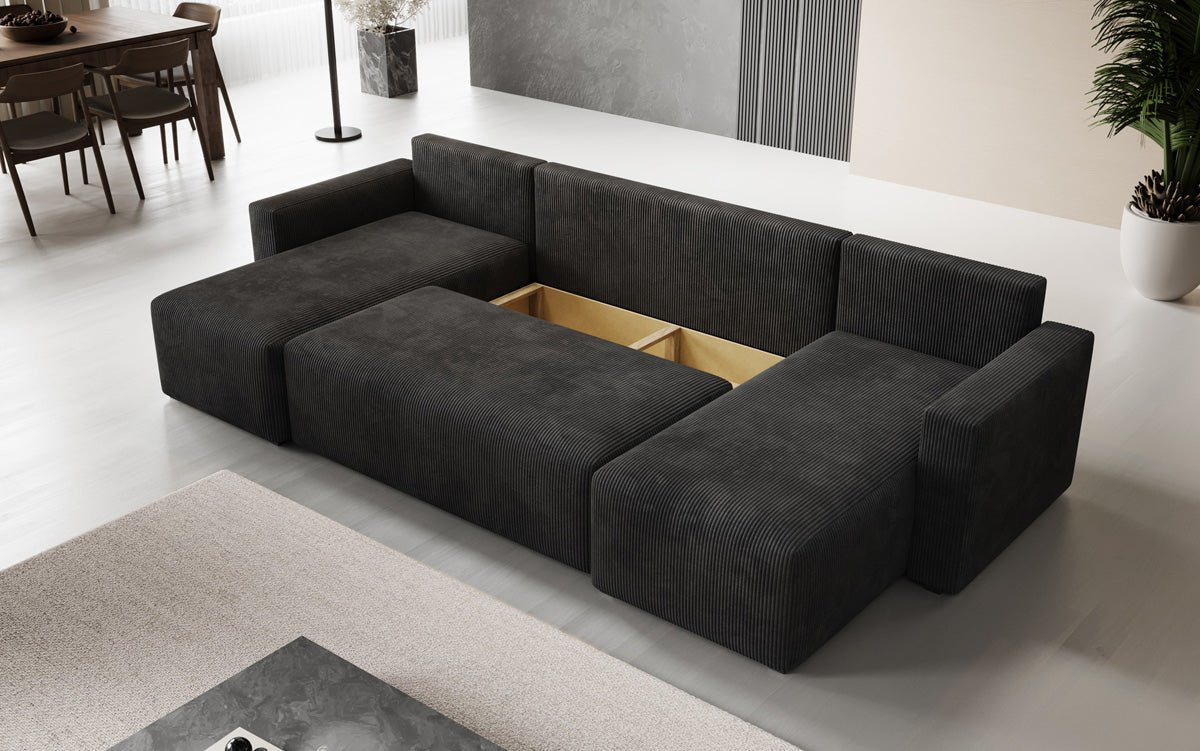 Designer Sofa Melva U with sleeping and folding function in corduroy