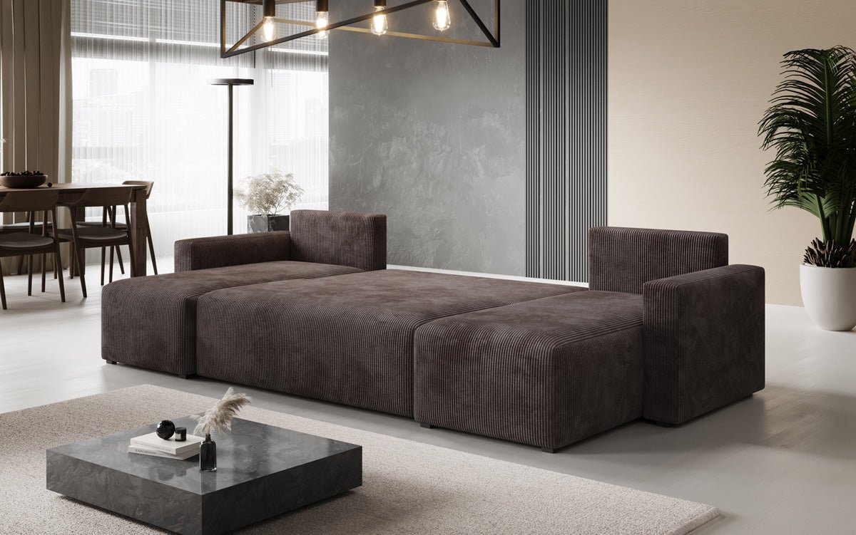 Designer Sofa Melva U with sleeping and folding function in corduroy