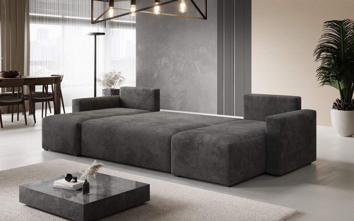 Designer Sofa Melva U with sleeping and folding function in corduroy