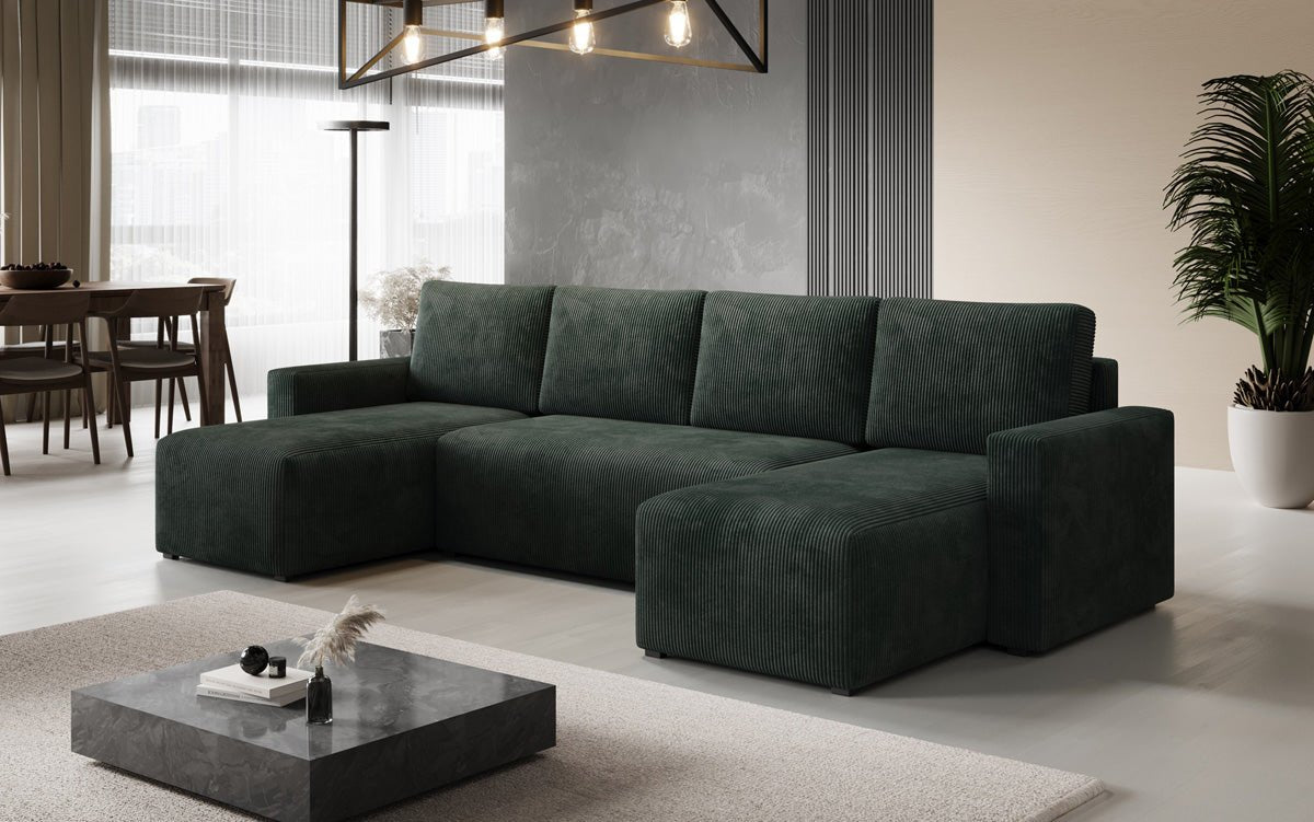 Designer Sofa Melva U with sleeping and folding function in corduroy