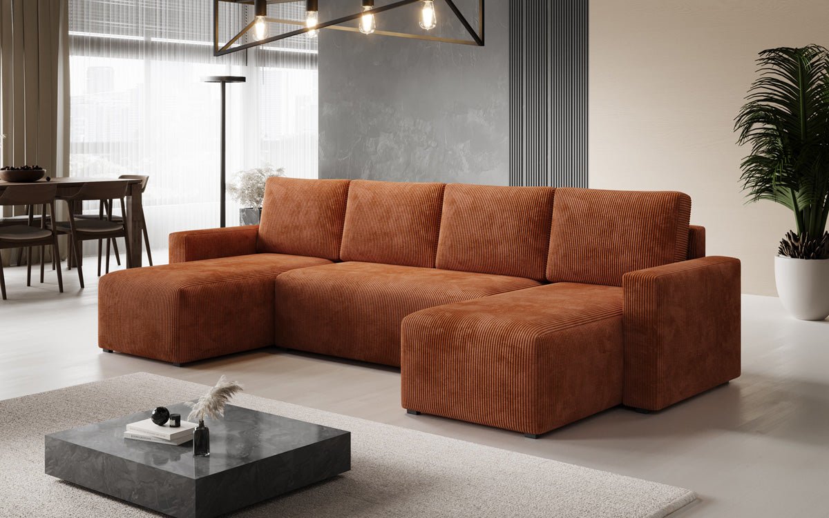 Designer Sofa Melva U with sleeping and folding function in corduroy