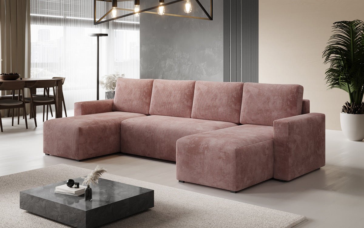 Designer Sofa Melva U with sleeping and folding function in corduroy