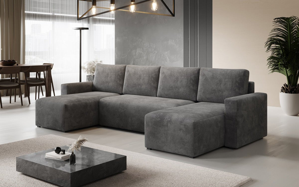 Designer Sofa Melva U with sleeping and folding function in corduroy