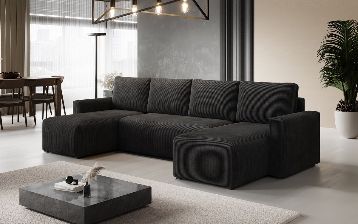 Designer Sofa Melva U with sleeping and folding function in corduroy