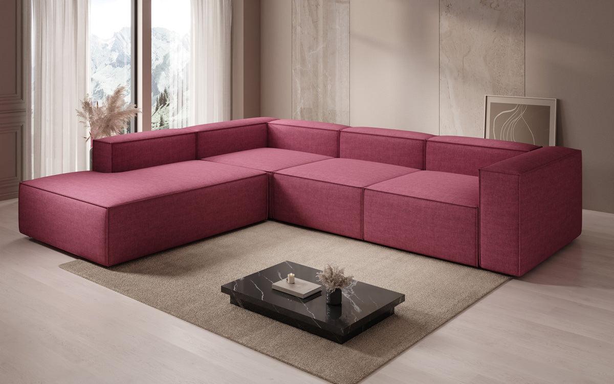 Designer corner sofa Lesley with long ottoman in linen look