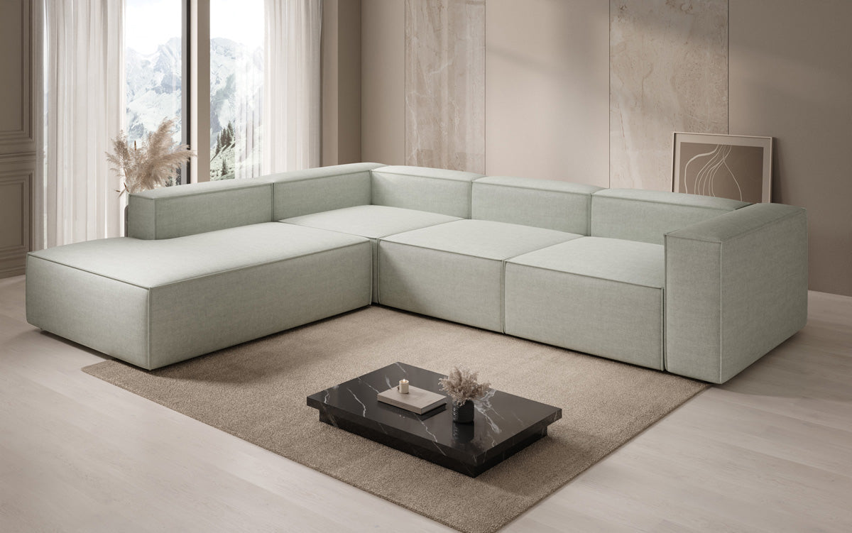 Designer corner sofa Lesley with long ottoman in linen look
