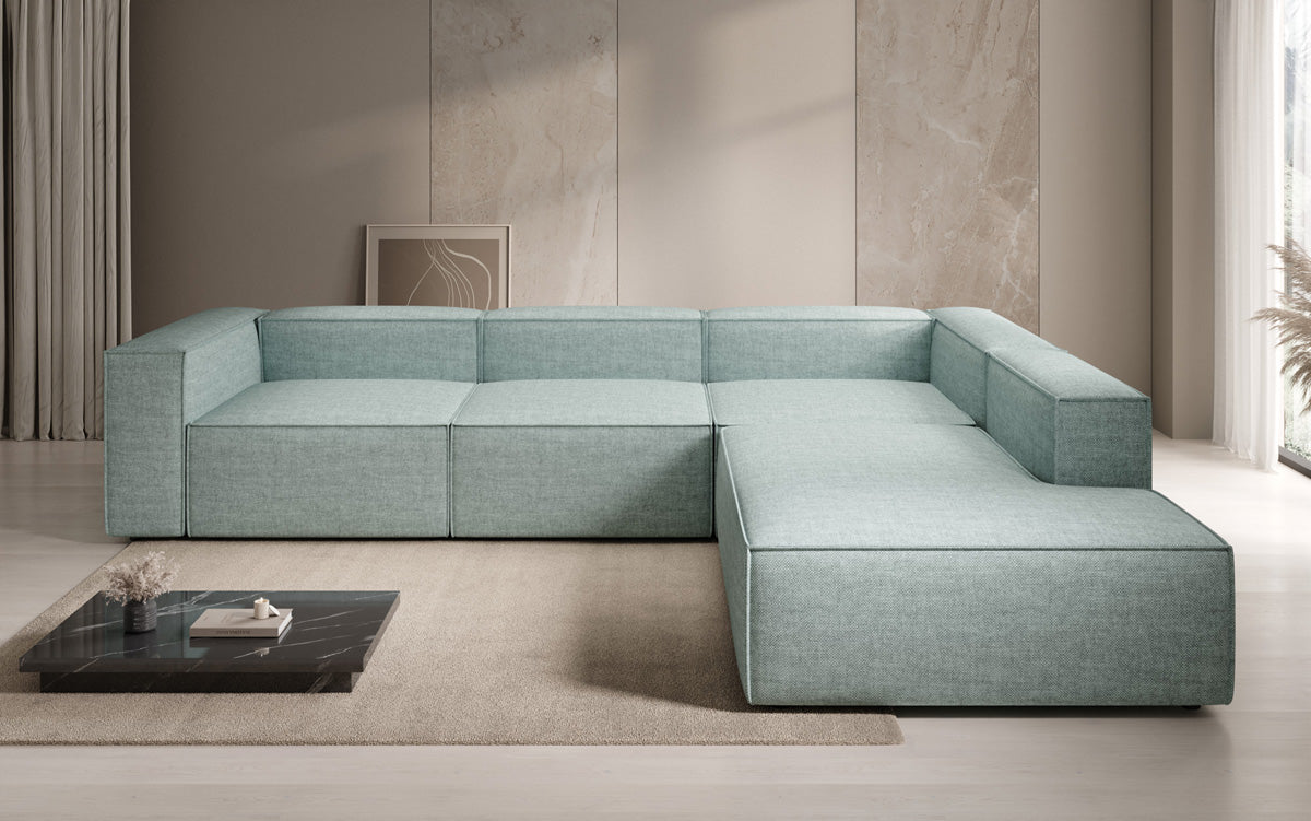 Designer corner sofa Lesley with long ottoman in linen look