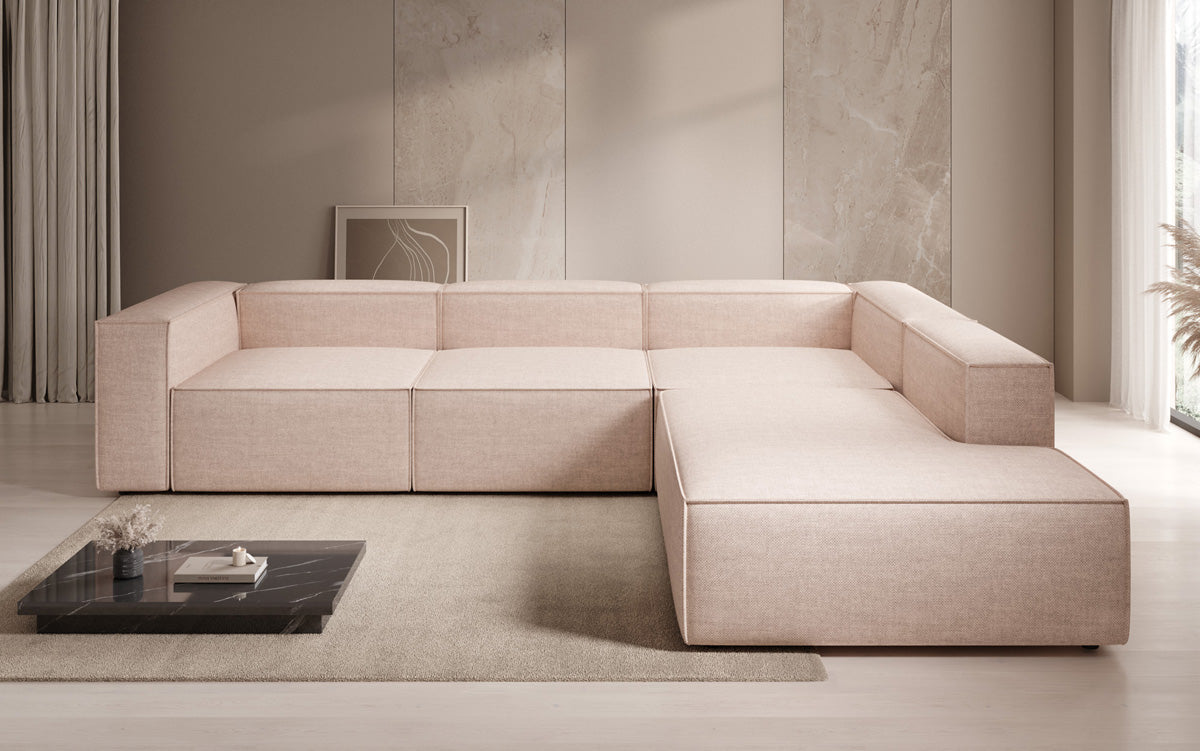Designer corner sofa Lesley with long ottoman in linen look