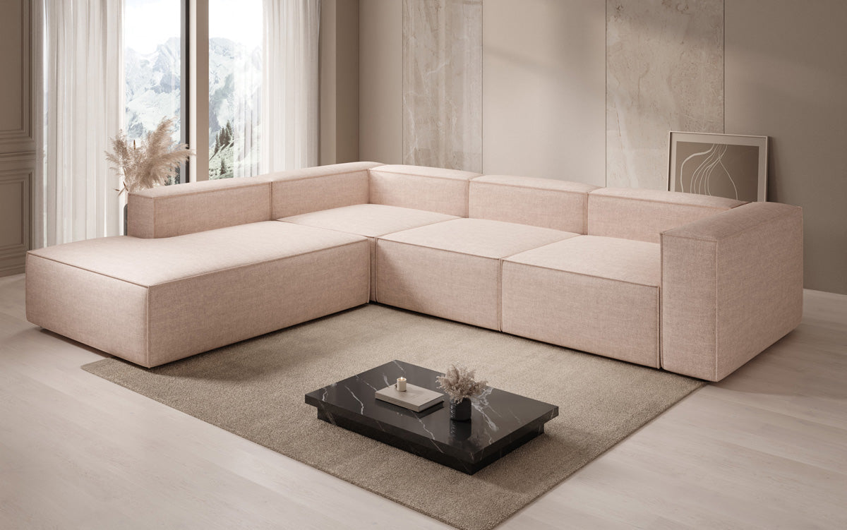 Designer corner sofa Lesley with long ottoman in linen look