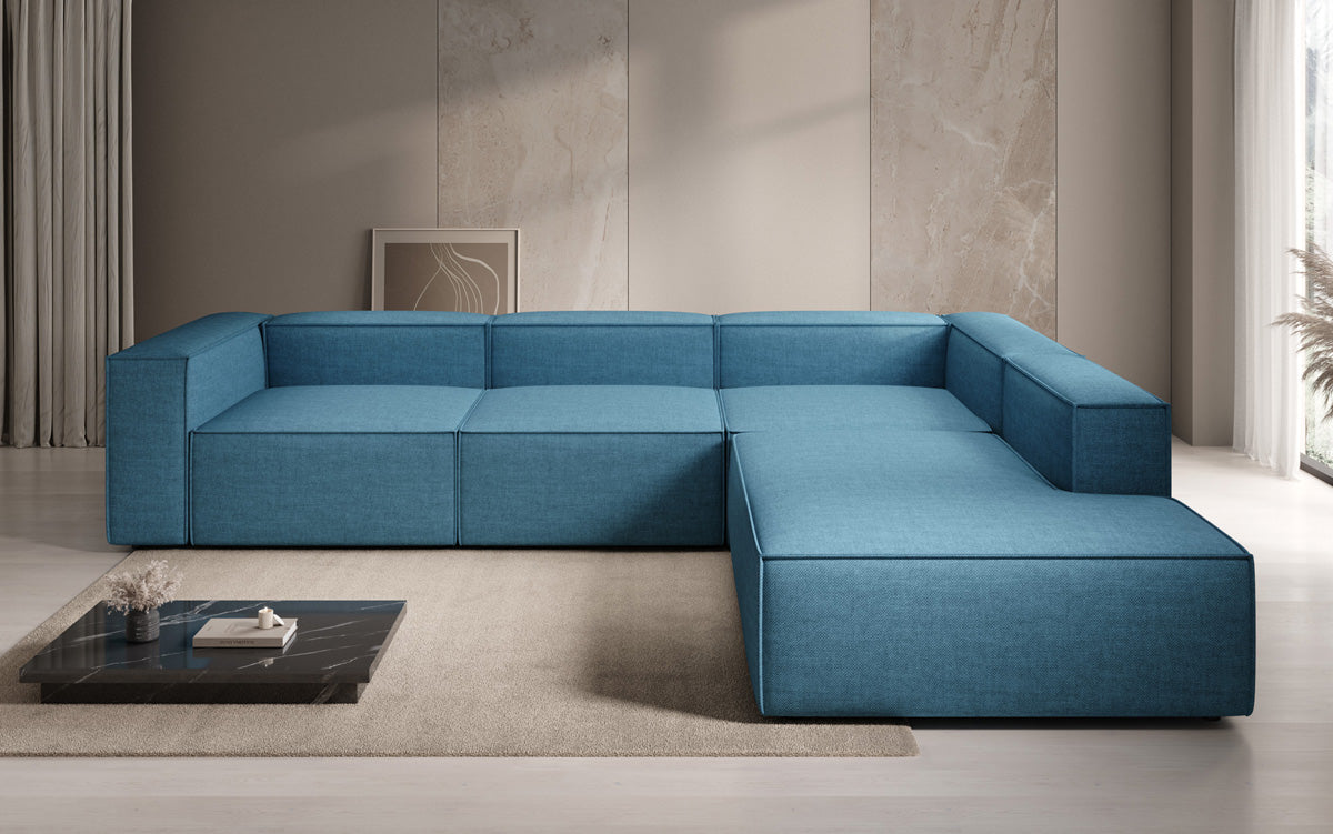 Designer corner sofa Lesley with long ottoman in linen look