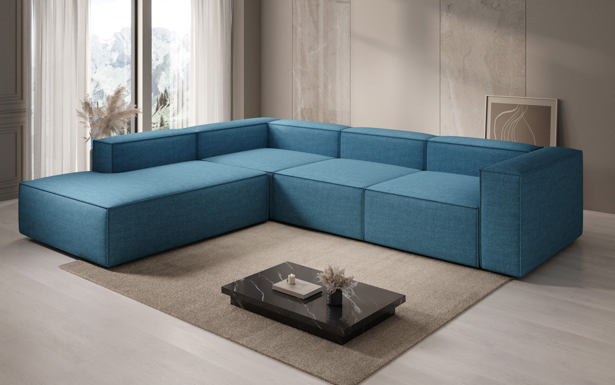 Designer corner sofa Lesley with long ottoman in linen look