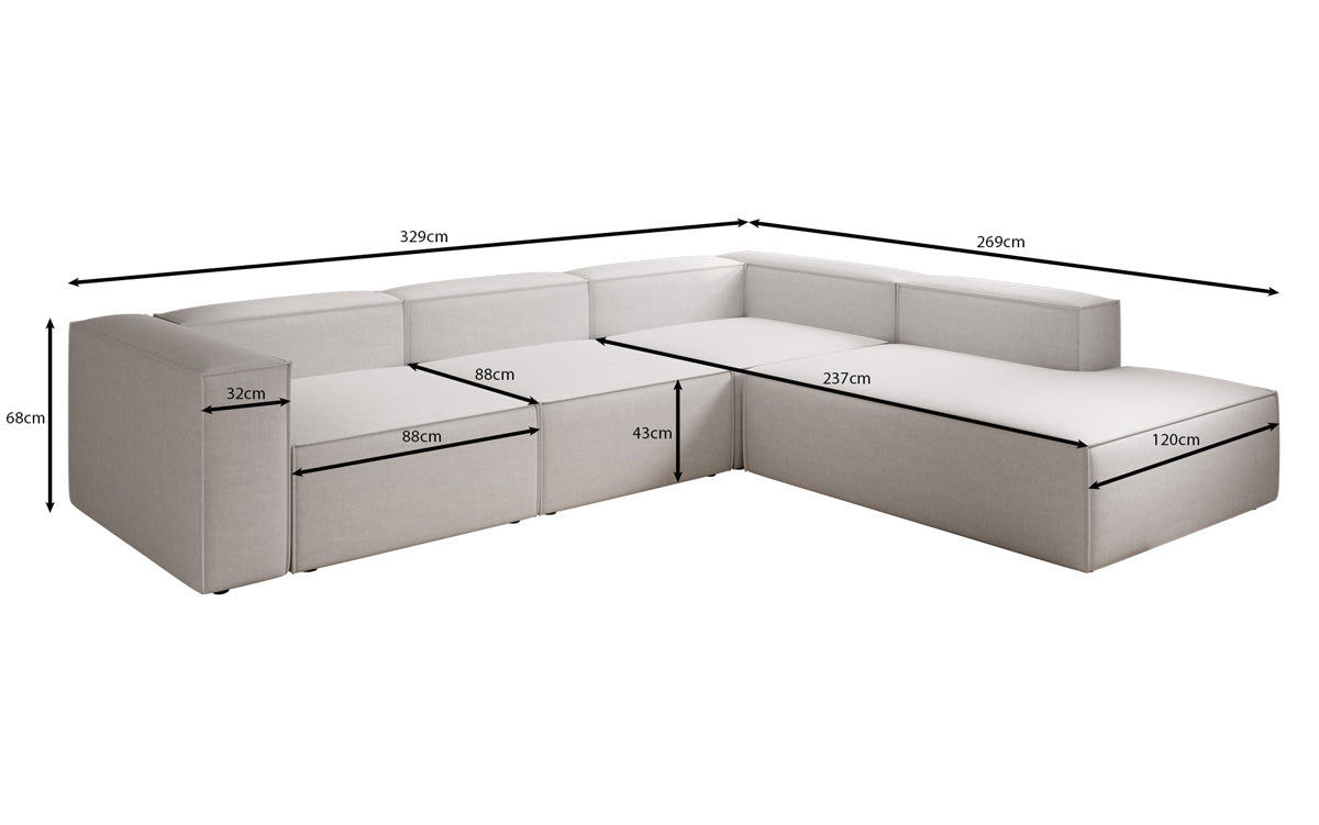 Designer corner sofa Lesley with long ottoman in linen look