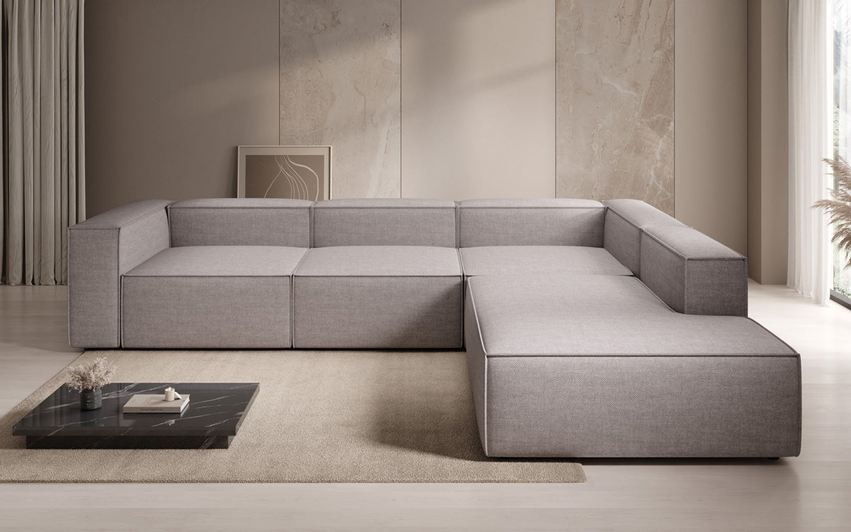 Designer corner sofa Lesley with long ottoman in linen look