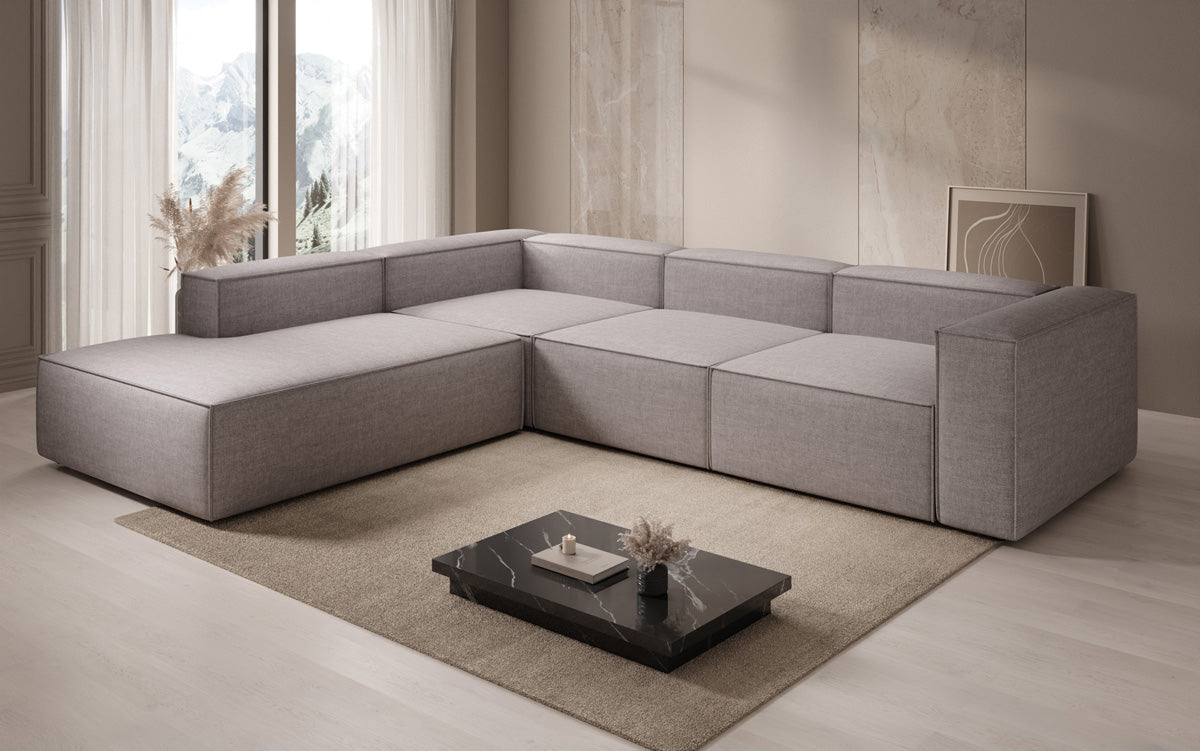 Designer corner sofa Lesley with long ottoman in linen look