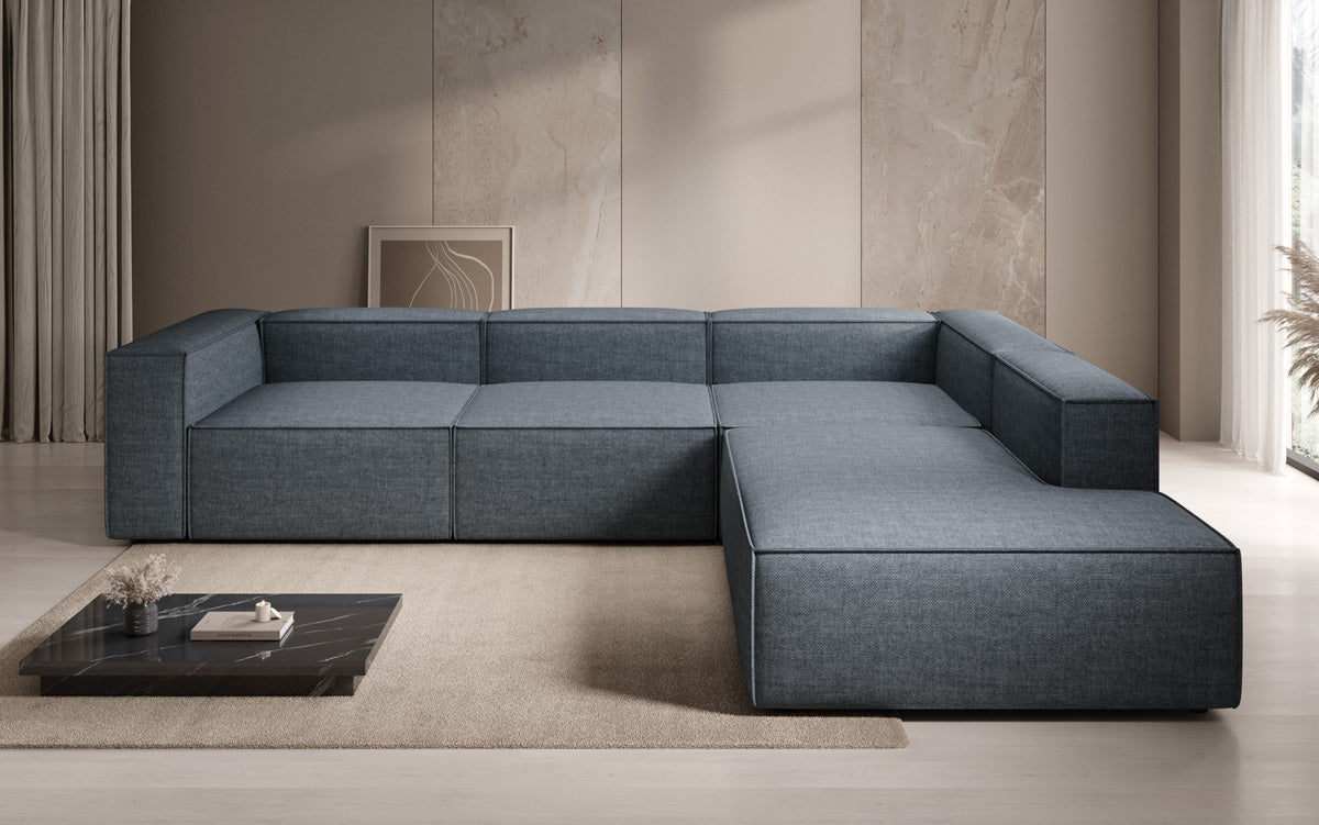 Designer corner sofa Lesley with long ottoman in linen look