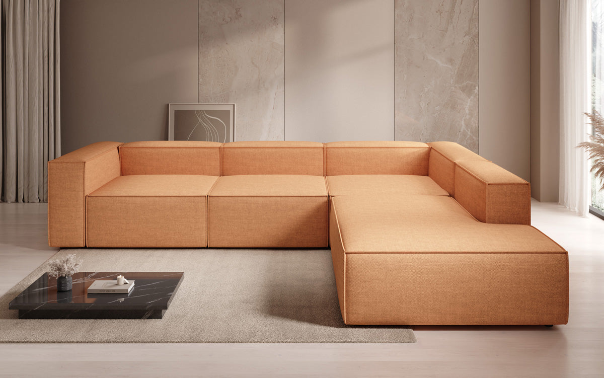 Designer corner sofa Lesley with long ottoman in linen look
