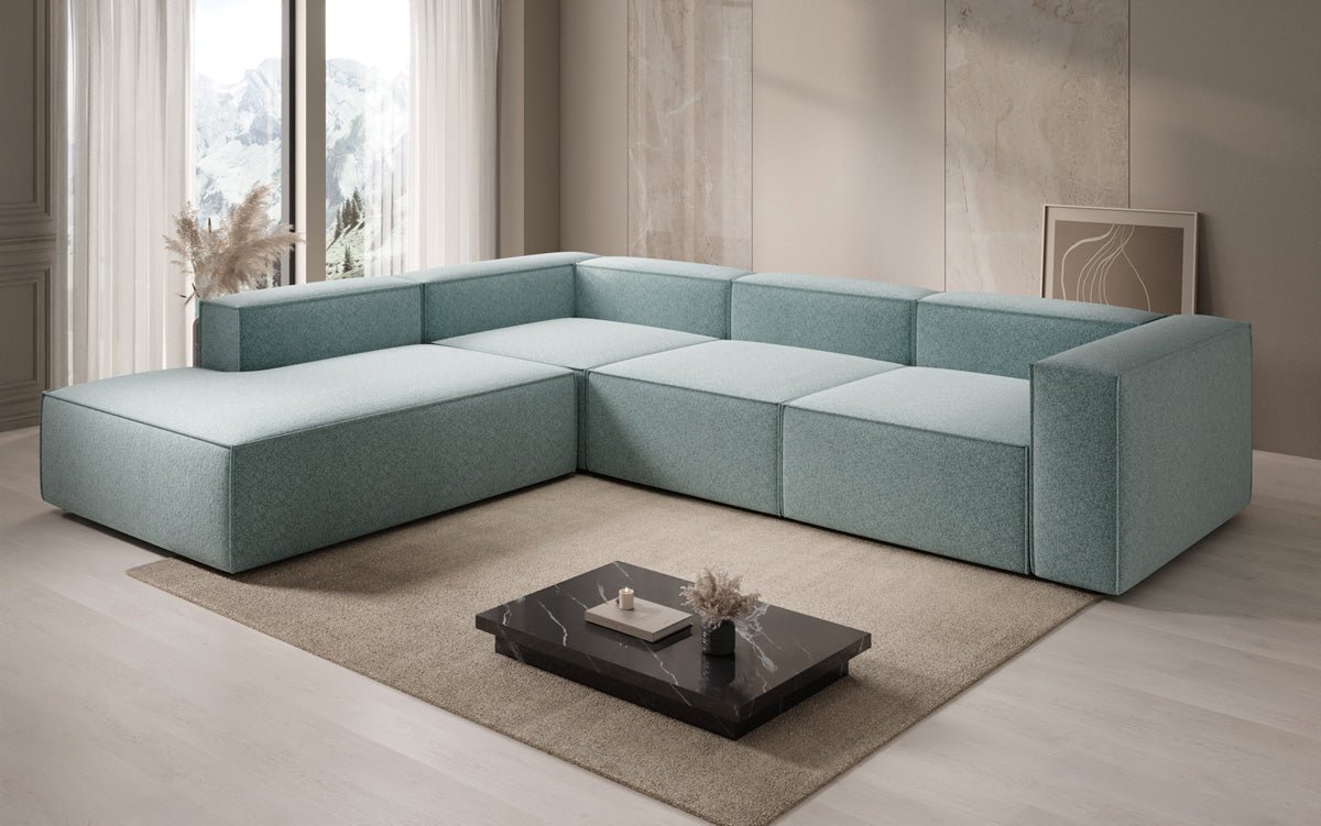 Designer sofa Lesley L with long ottoman in textured fabric