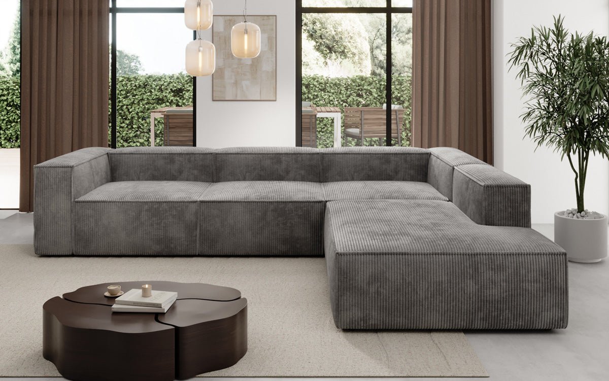 Designer Sofa Lesley L with long ottoman in corduroy