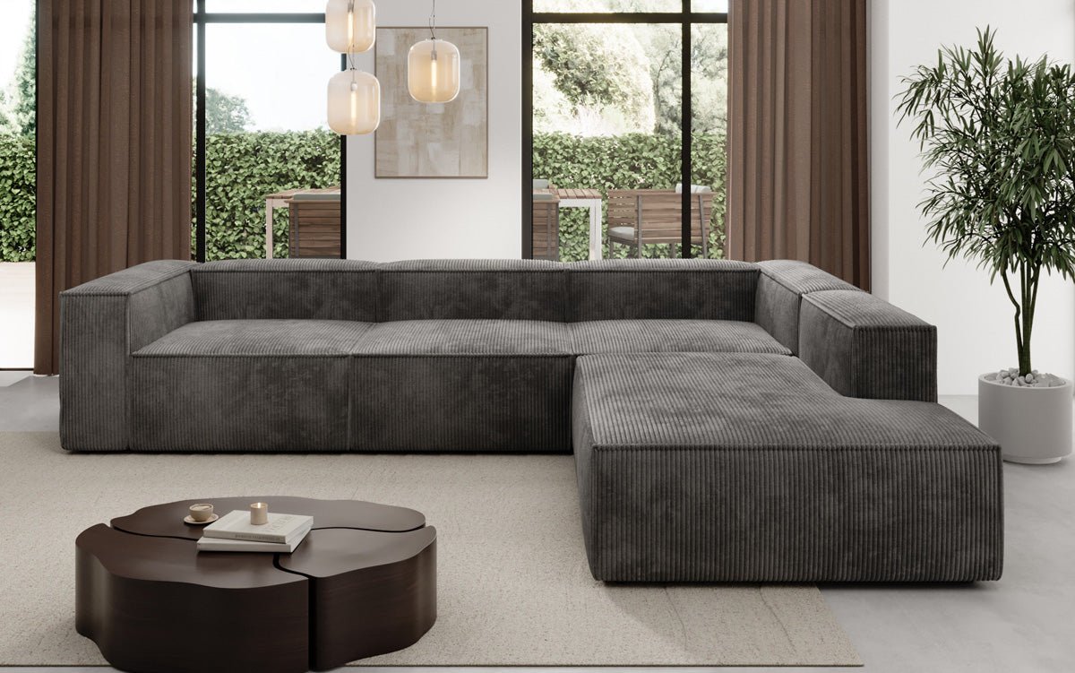 Designer Sofa Lesley L with long ottoman in corduroy