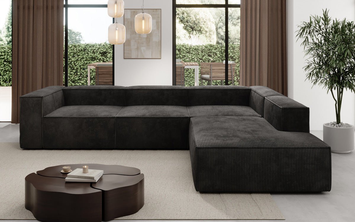 Designer Sofa Lesley L with long ottoman in corduroy