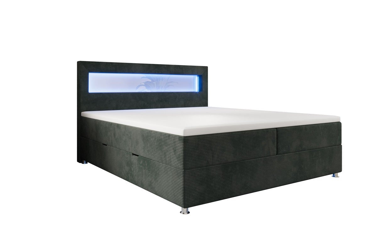Relax box spring bed with LED, storage space, and USB/C in corduroy