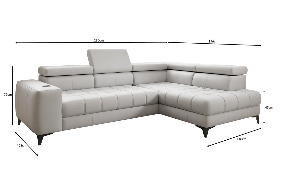 Designer L Sofa Seluna with electric sleeping function, induction, and storage in genuine leather