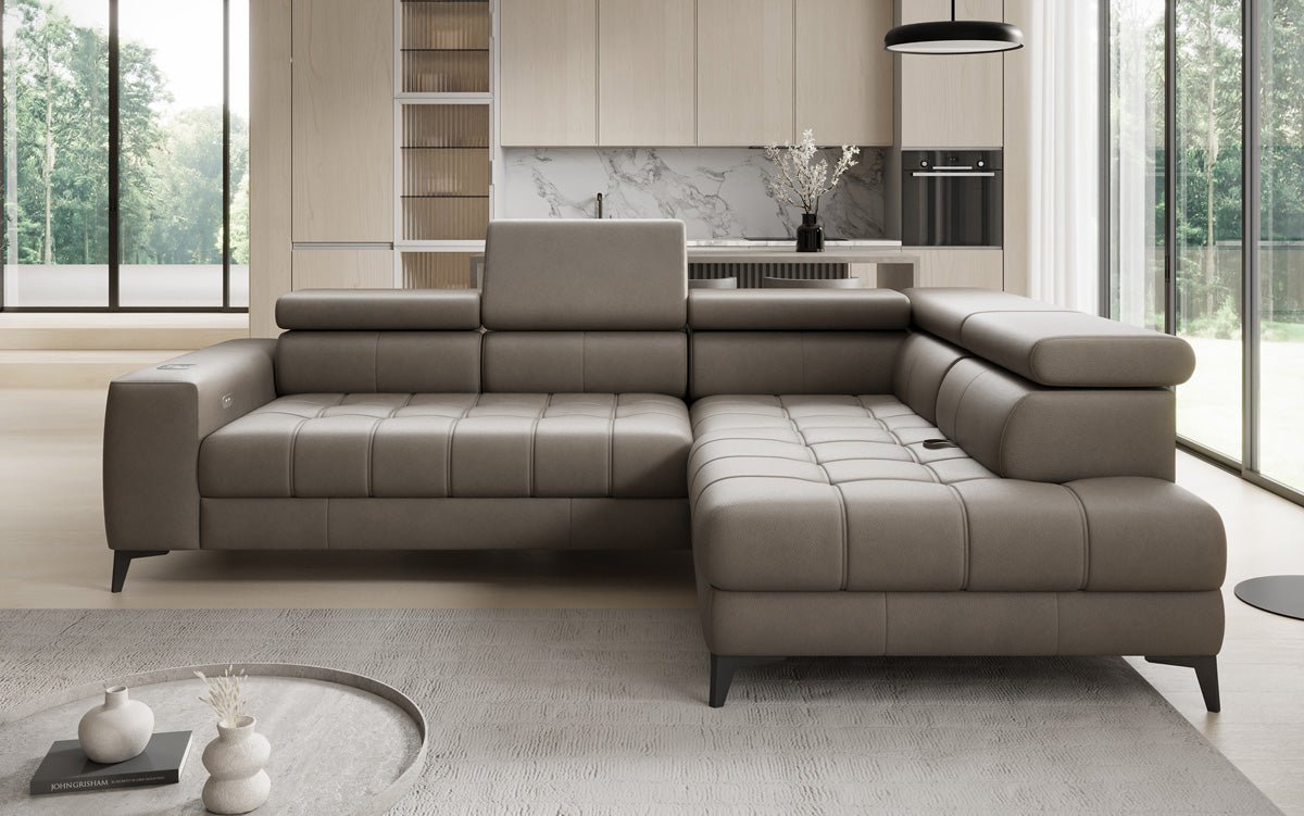 Designer L Sofa Seluna with electric sleeping function, induction, and storage in genuine leather