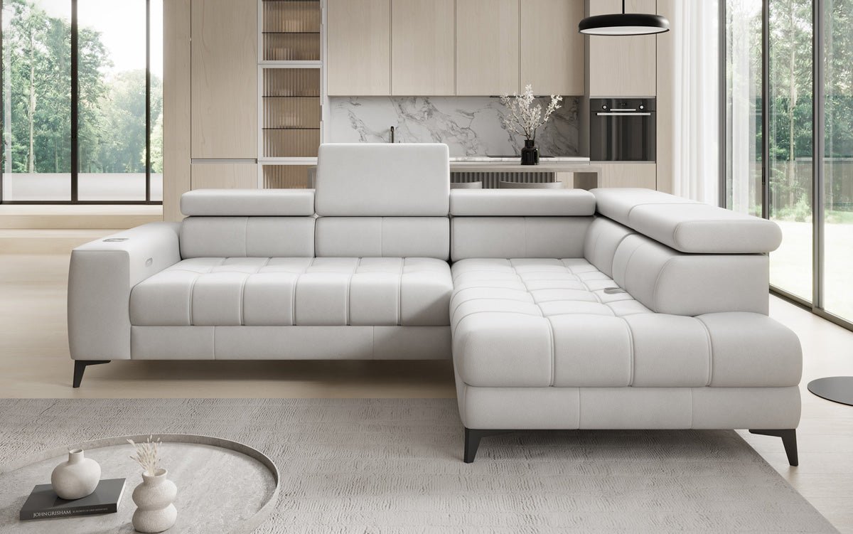 Designer L Sofa Seluna with electric sleeping function, induction, and storage in genuine leather
