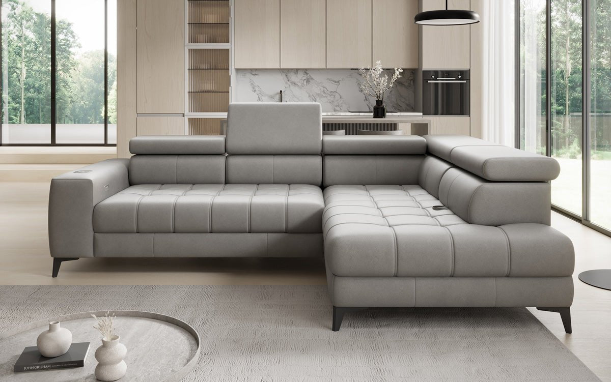 Designer L Sofa Seluna with electric sleeping function, induction, and storage in genuine leather