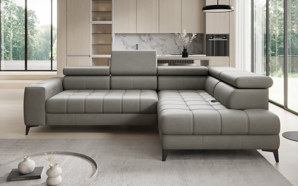 Designer L Sofa Seluna with electric sleeping function, induction, and storage in genuine leather
