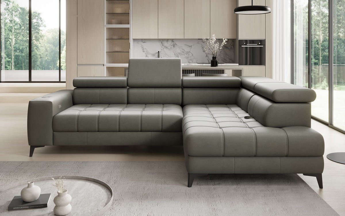 Designer L Sofa Seluna with electric sleeping function, induction, and storage in genuine leather