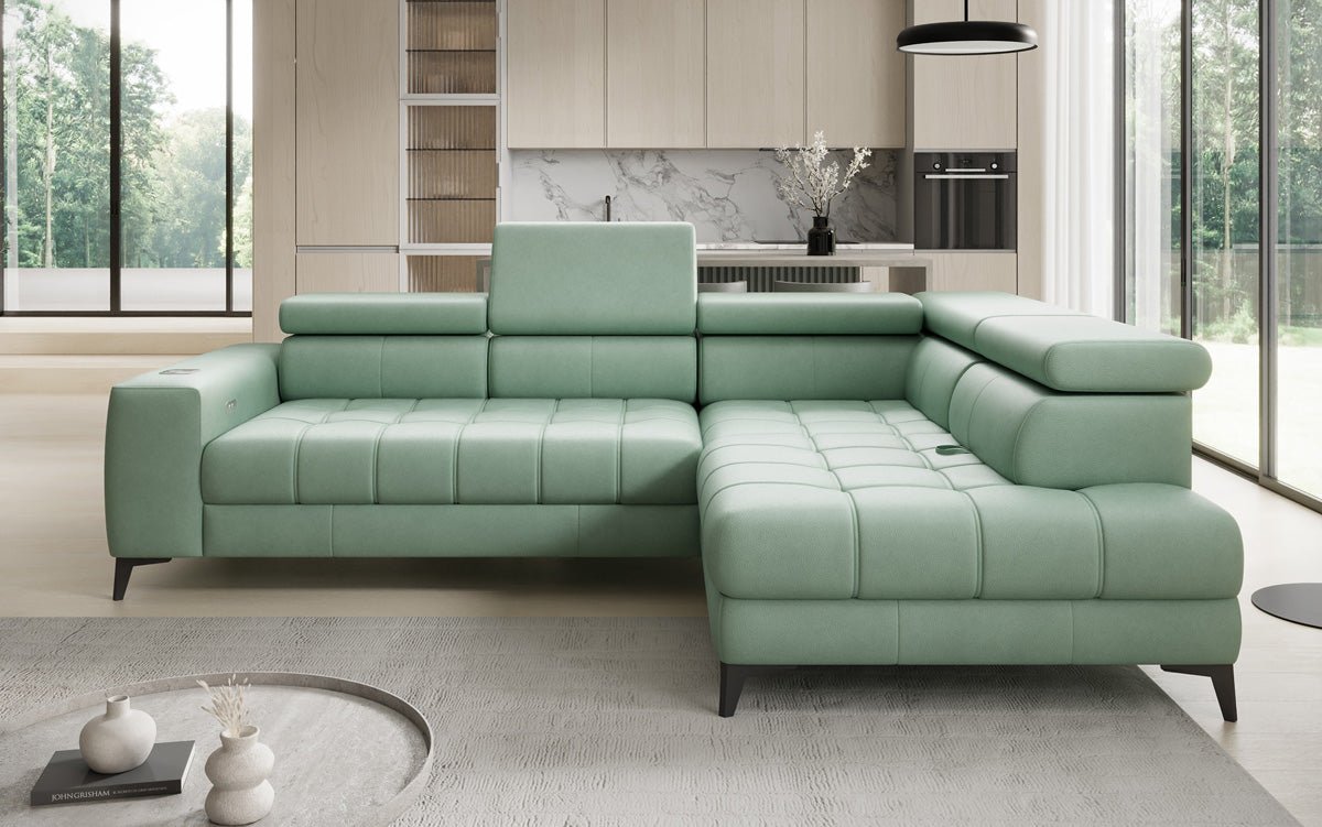Designer L Sofa Seluna with electric sleeping function, induction, and storage in genuine leather