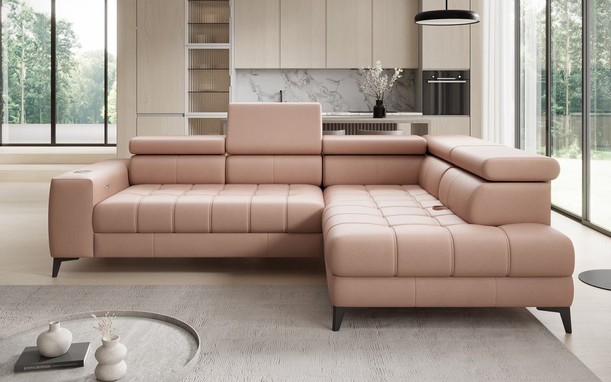 Designer L Sofa Seluna with electric sleeping function, induction, and storage in genuine leather